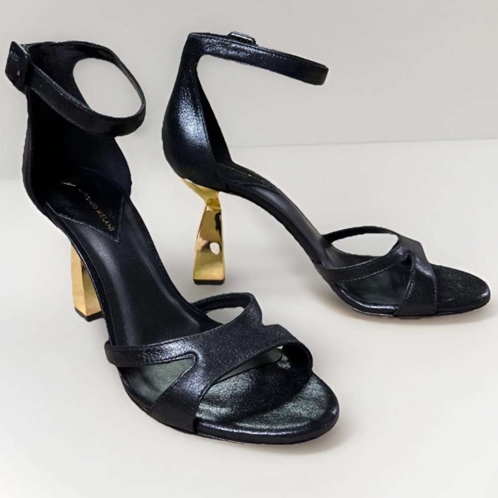 ANTONIO MELANI Black Ankle-Strap Sandals with Gold Sculpted Heel